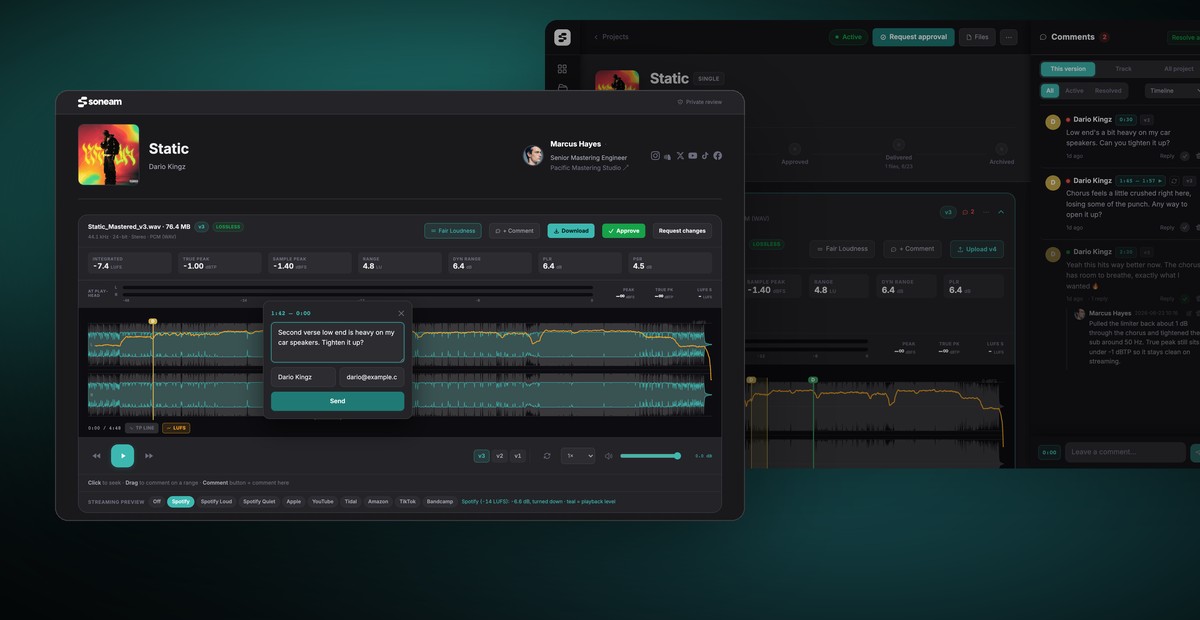 The Soneam client review screen and project view