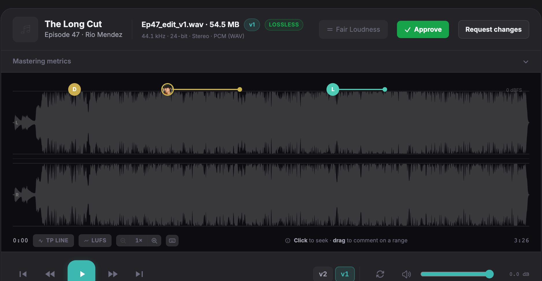 A client's review page: an episode on a waveform with three timestamped notes pinned to it, and Approve and Request changes buttons