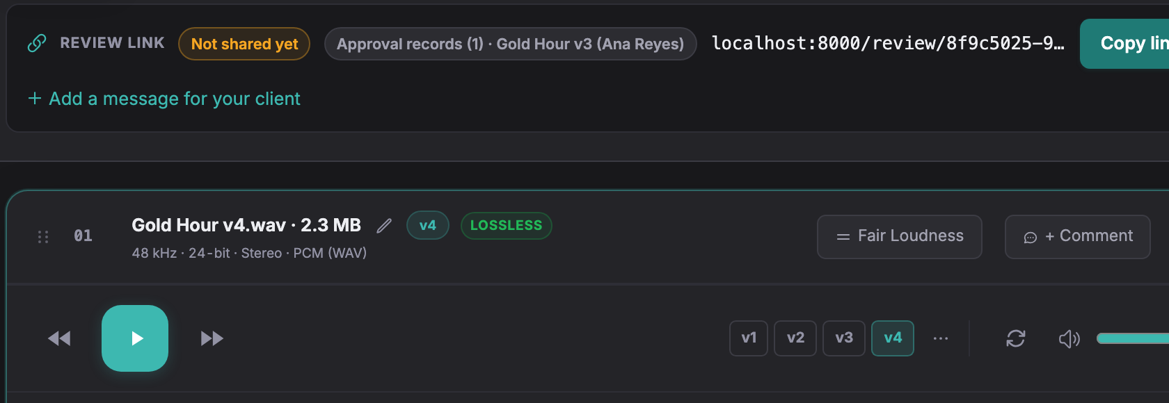Beside the review link, Approval records (1) · Gold Hour v3 (Ana Reyes); below it the player on Gold Hour v4.wav with the version buttons v1 to v4 and v4 selected.