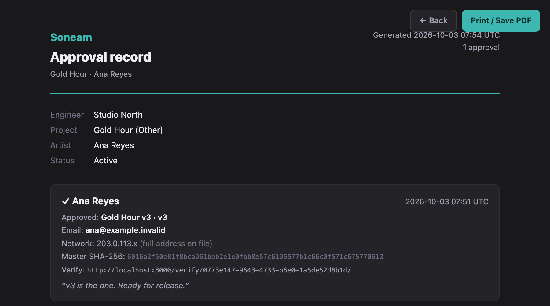 An approval record in Soneam: the reviewer's name, the approved version, the time in UTC and the file's SHA-256 checksum