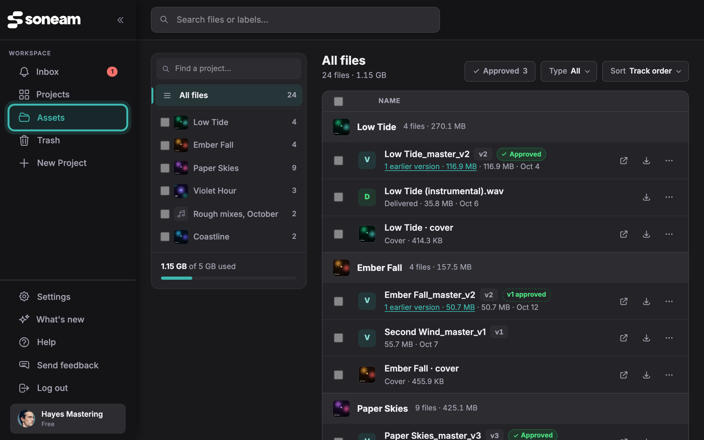 The Assets page: projects on the left, the files of every project grouped under their titles on the right