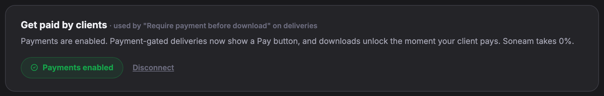 The Get paid by clients card on the billing page after connecting, reading Payments enabled with a Disconnect link