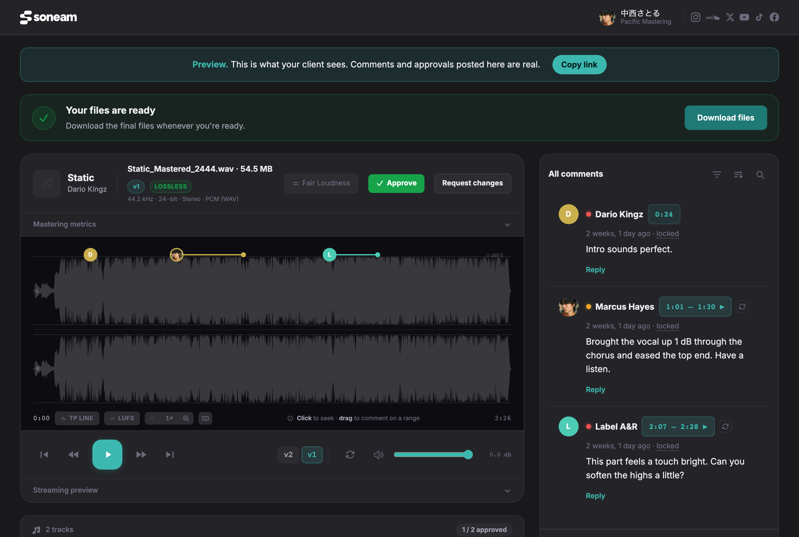 What your client opens: the master, the waveform, and somewhere to leave notes. No sign-in anywhere on it.