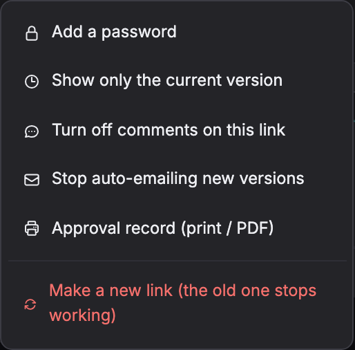 The review-link menu containing Approval record (print / PDF).