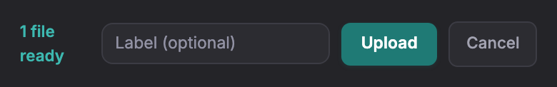 The staging row with a label field, an Upload button and Cancel