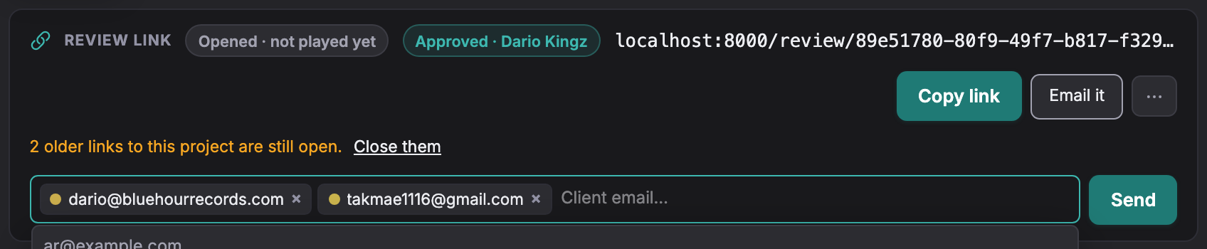 The address row that opens under the link when you press Email link