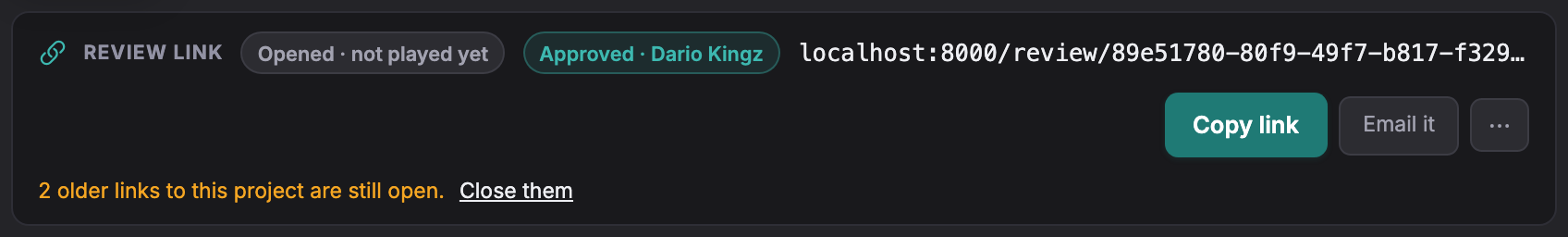 The new review link under the project title