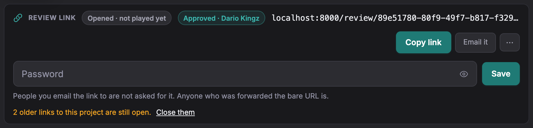 The password row under the link, with a Save button