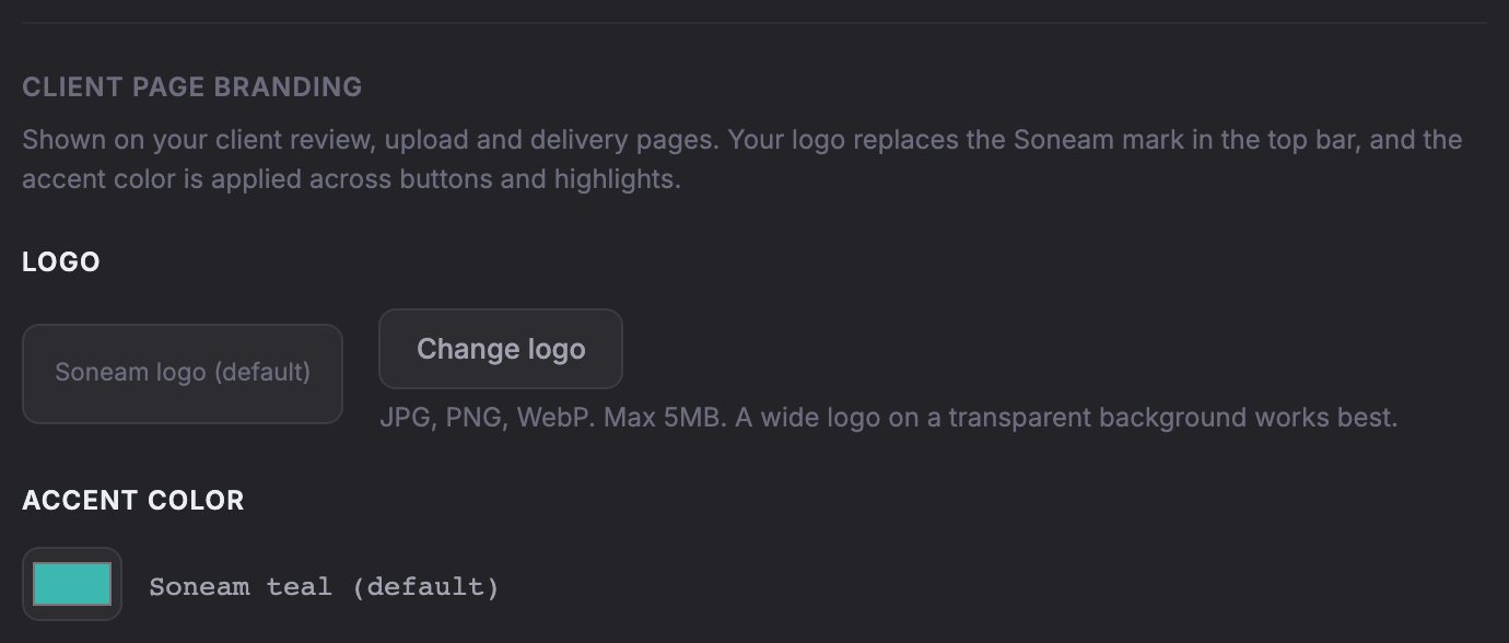 The Client Page Branding section of Settings, with the logo and accent colour controls