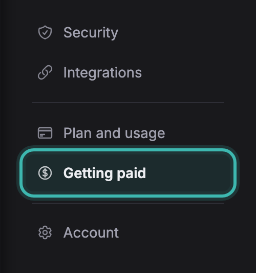 The Settings section list with Getting paid ringed