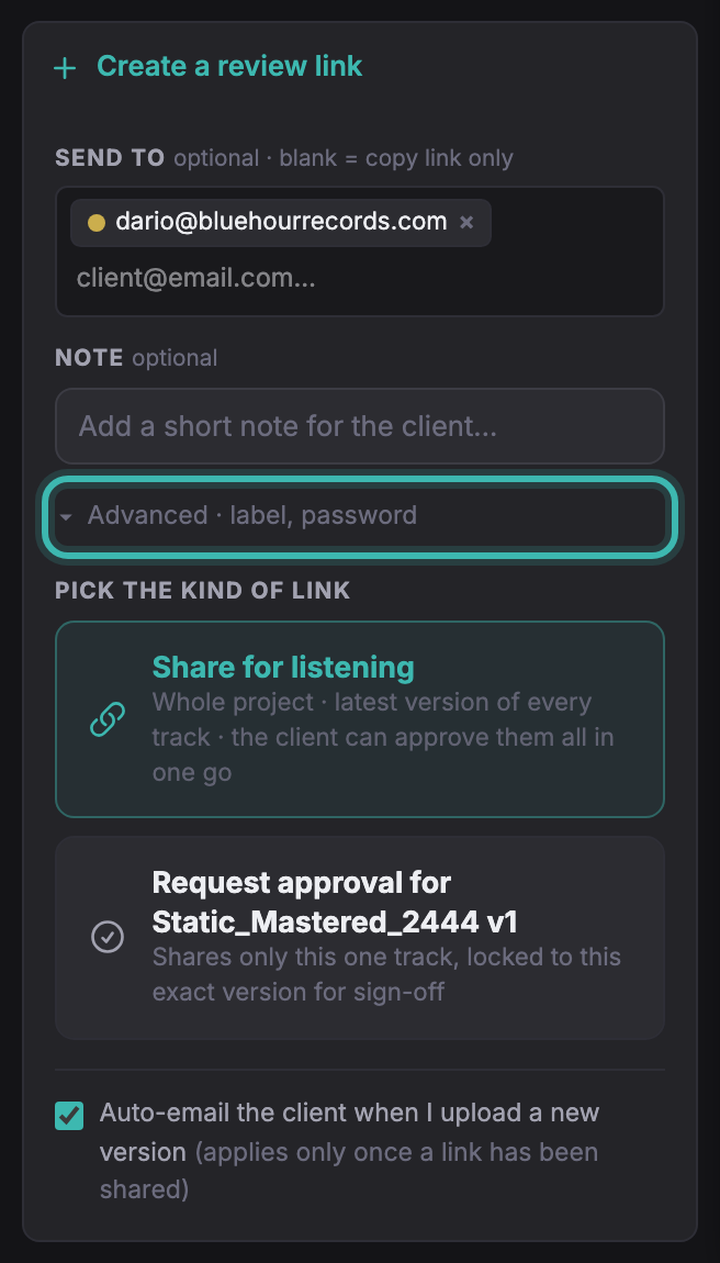 The create form with the Advanced section ringed
