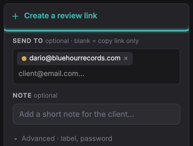 The create form, with fields for who to send to and a note