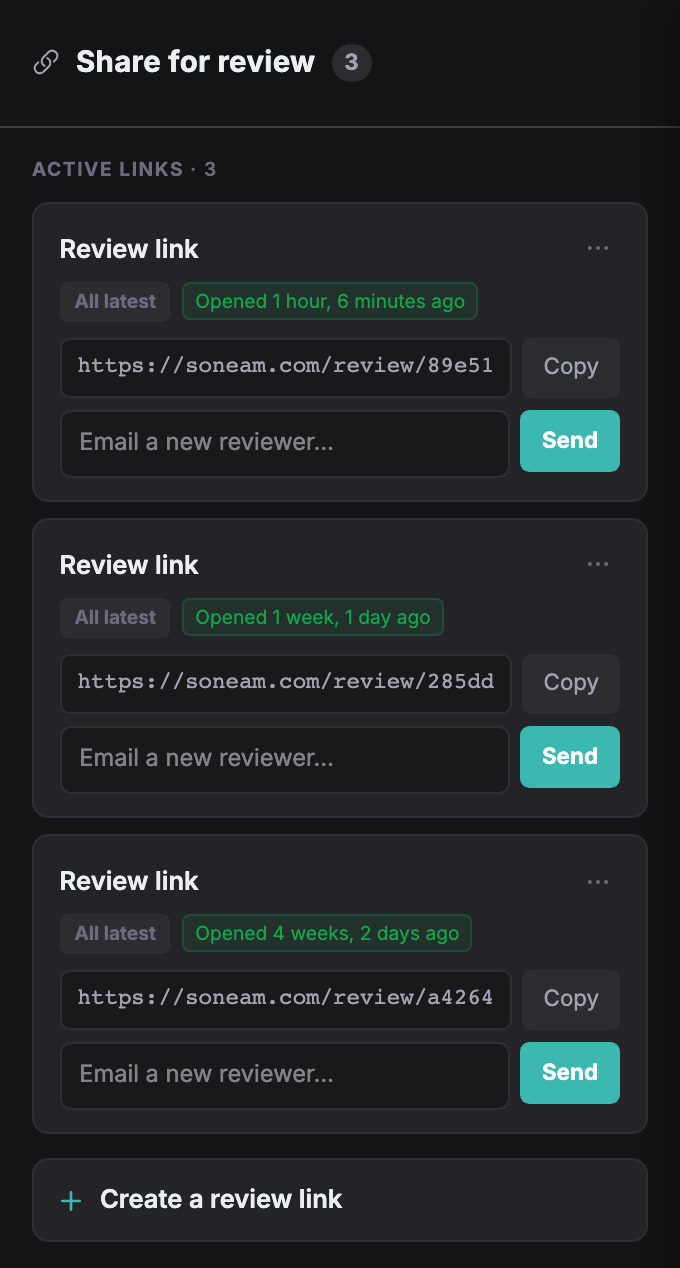 The share panel listing the links you have already made