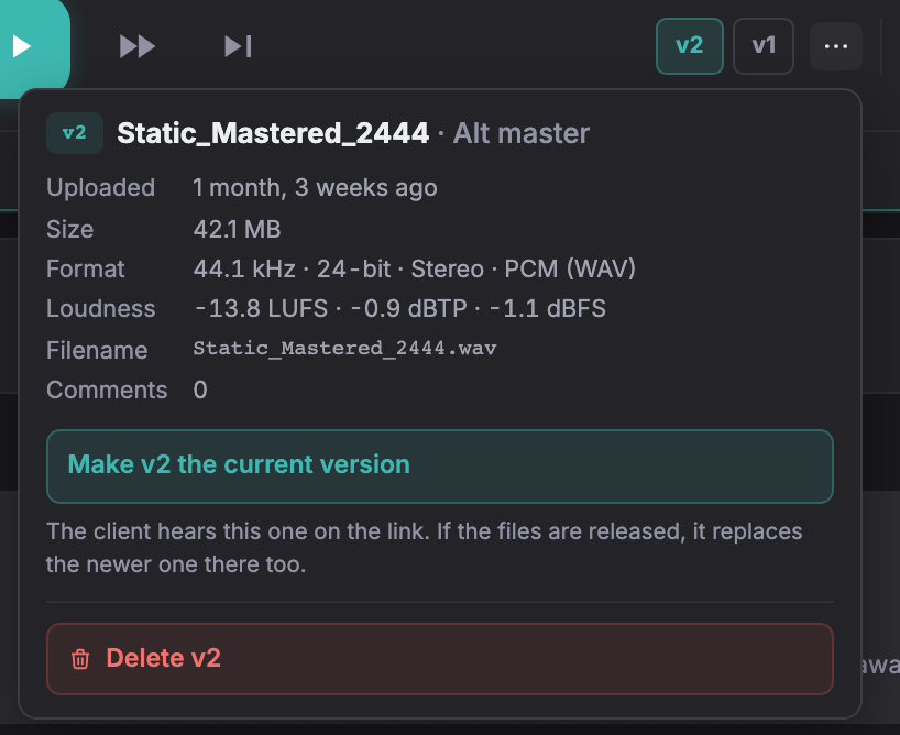 The version menu beside the v1 and v2 buttons, with Make v2 the current version