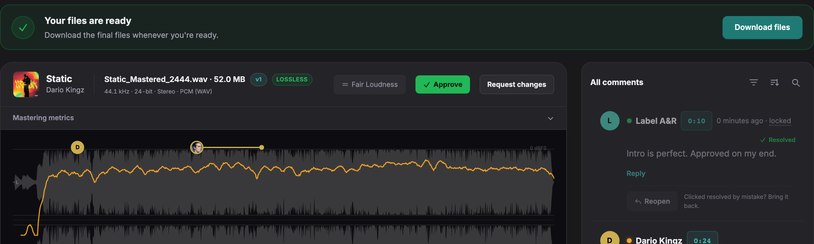 A client's review page: a green bar reading Your files are ready with a Download files button, above the player, the waveform with pinned comments, and the Approve button.