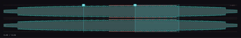Streaming preview on the waveform: the master turned up to a platform's reference, red where the limiter holds the peaks