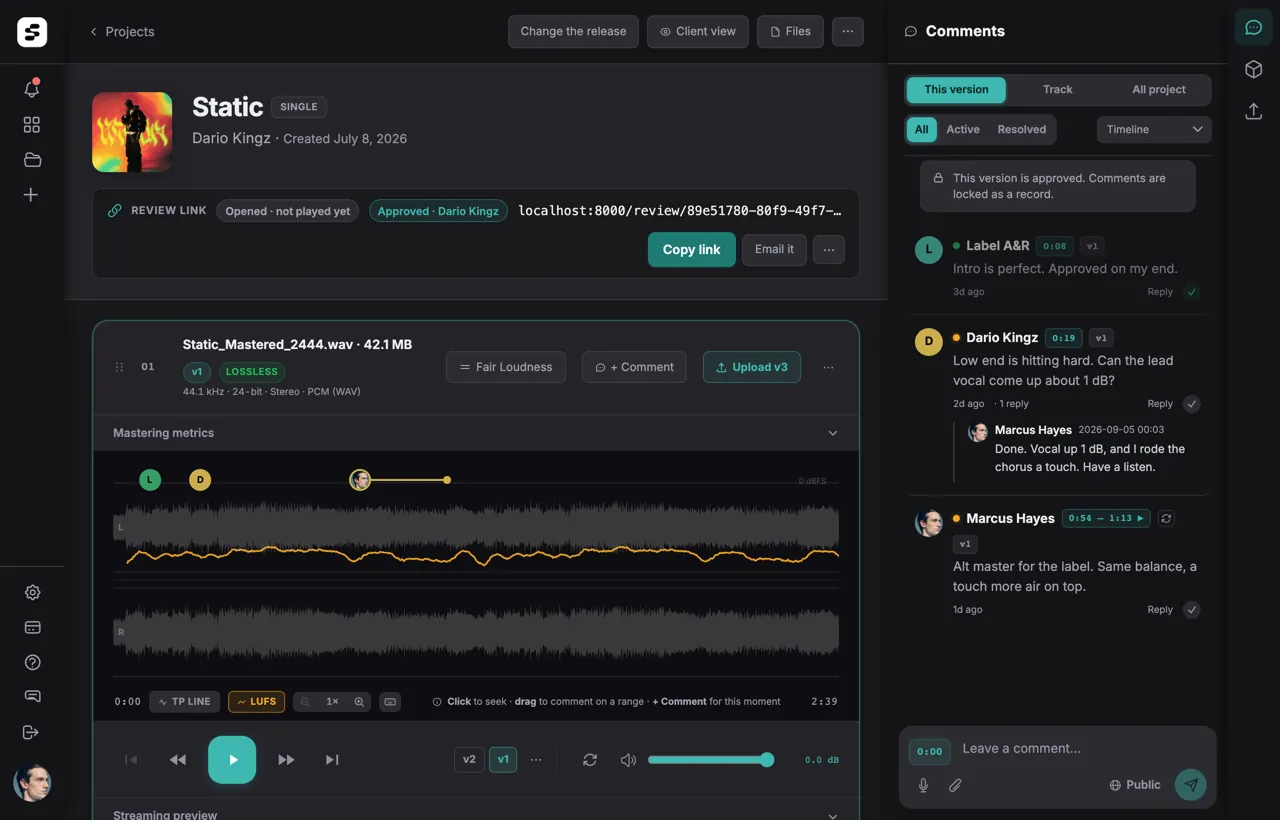 Soneam project: loudness meters, waveform comments, and client approval