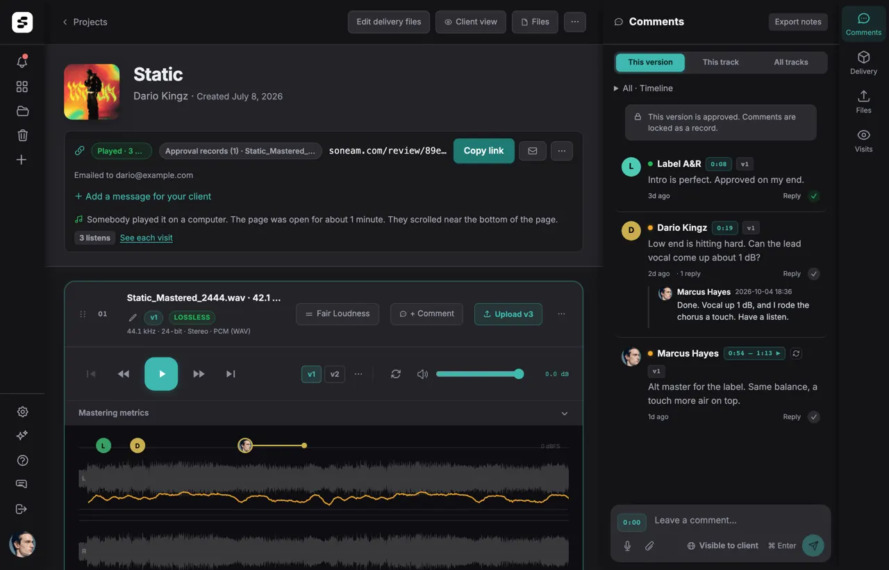 Soneam project: loudness meters, waveform comments, and client approval