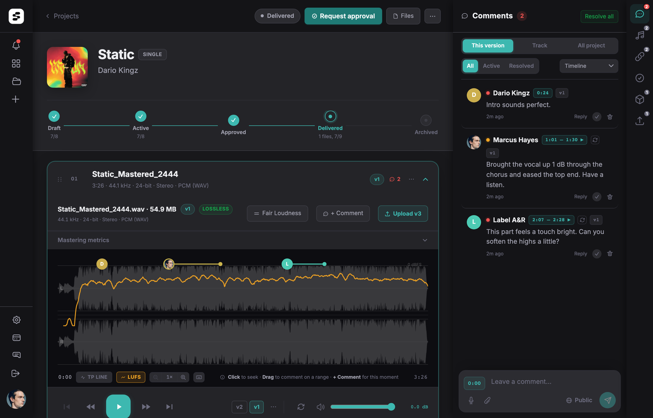 Soneam project: loudness meters, waveform comments, and client approval