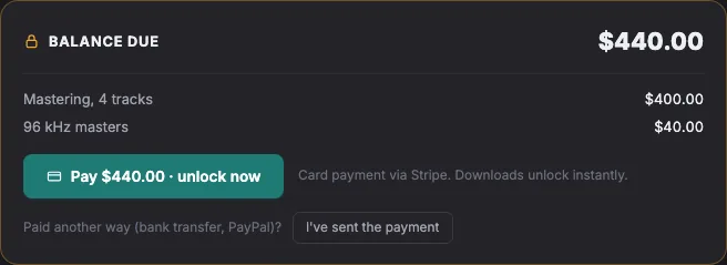 A payment-gated delivery in Soneam: balance due with line items, and downloads locked until paid