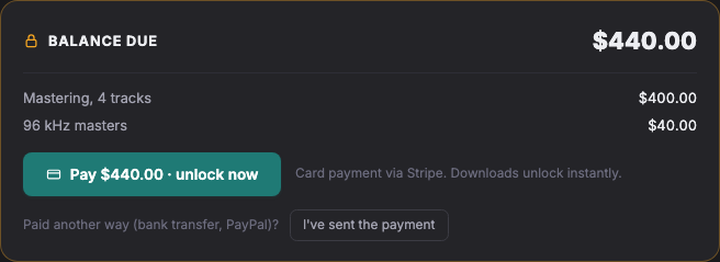 A payment-gated delivery in Soneam: balance due with line items, and downloads locked until paid